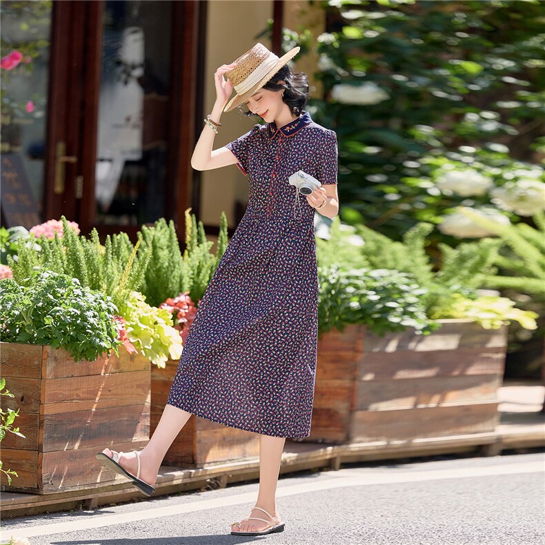 田园风碎花刺绣连衣裙女春夏收腰显瘦中长裙（细节图颜色为准）,女装连衣裙,水衣源