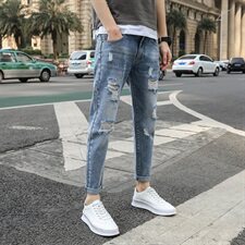 【主推款】新款破洞牛仔裤男修身小脚裤韩版九分牛仔裤K819-P42，男装牛仔裤，星座1006