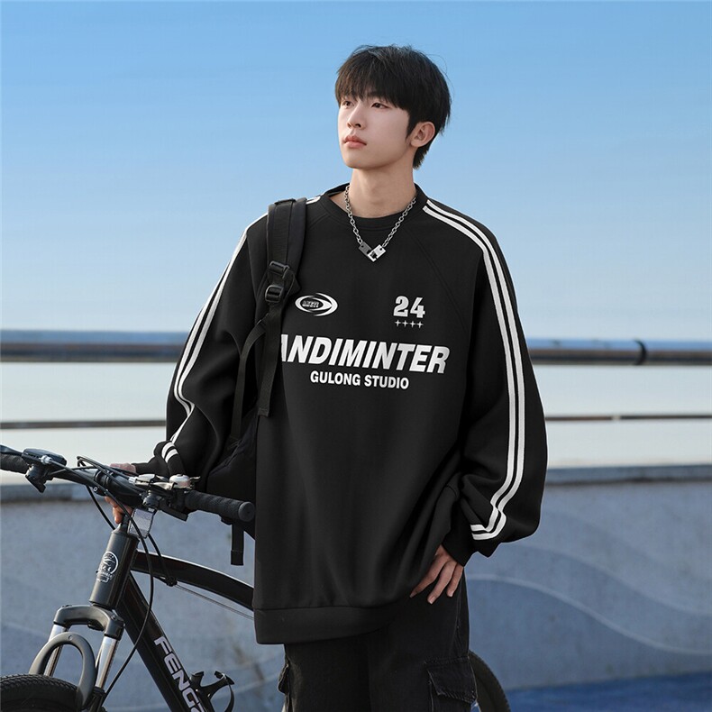 25港风外景320G珠地条纹织带拼接插肩袖圆领卫衣B905P48控68，男装卫衣，电商A247