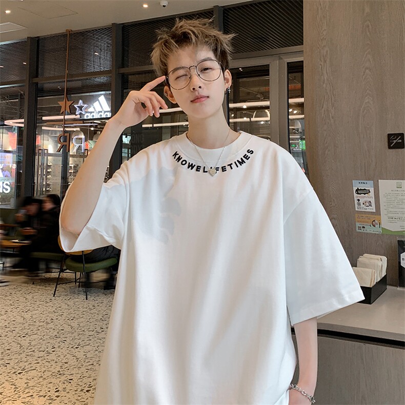 港风大码宽松百搭字母刺绣圆领短袖T恤男潮流 XZ213-T068-P35控48图片