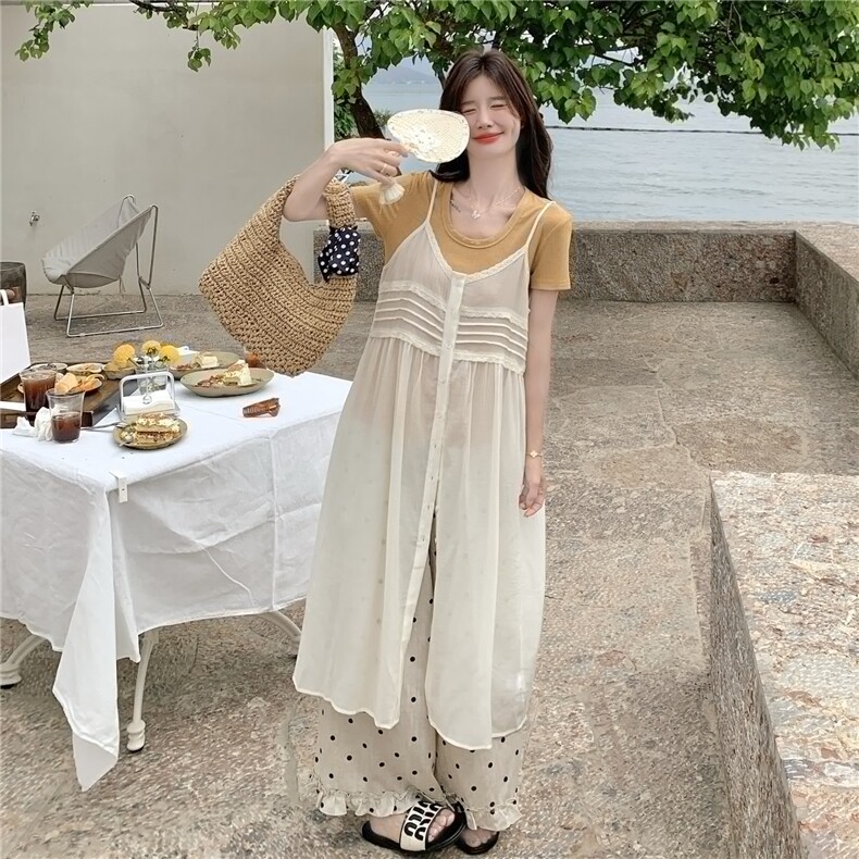 高级感叠穿吊带罩衫裙套装女2025夏新款减龄T恤波点阔腿裤三件套,女装套装/套裙,维壹