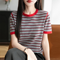 2025新款夏季拼色女圆领肩线条纹针织短袖T恤衫洋气小衫打底衫，女装T恤，秋双羊绒