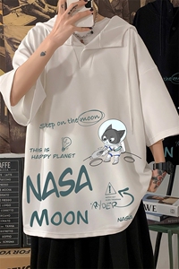 LD54187-P45NASA联名同款连帽短袖t恤男大码胖子带帽五分袖海报风图片