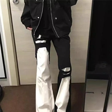 美式高街风裤子黑白拼接破洞牛仔裤男款修身百搭显瘦微喇长裤，男装牛仔裤，四季星座505