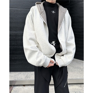 美式双面穿格子连帽外套男春秋棒球服夹克上衣拉链卫衣Y7061/P73图片