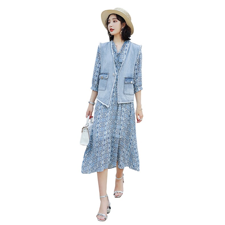 2021年夏季时尚潮流舒适牛仔外套印花长款两件套套裙,女装套装/套裙,瑶迪依秀