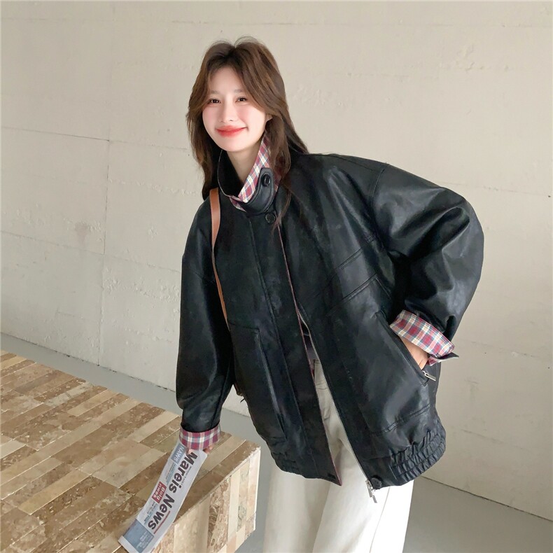美式复古机车女孩皮衣女2026新款春季翻领宽松高级格纹撞色外套,女装皮衣,艾米莉亚