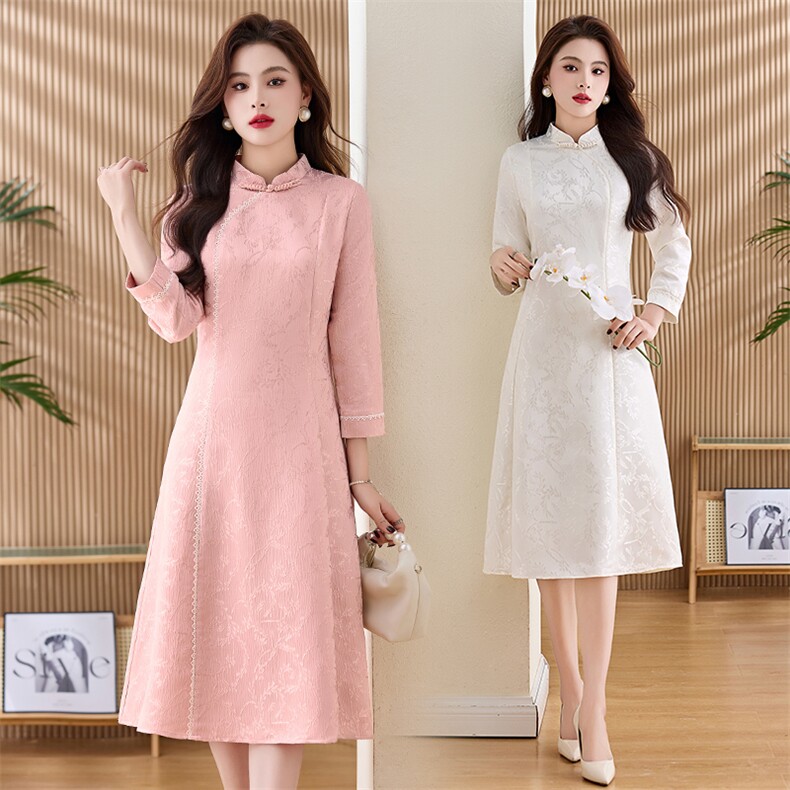 香莘料2024春季新款气质新中式民族风蕾丝修身连衣裙6832，女装连衣裙，香莘料