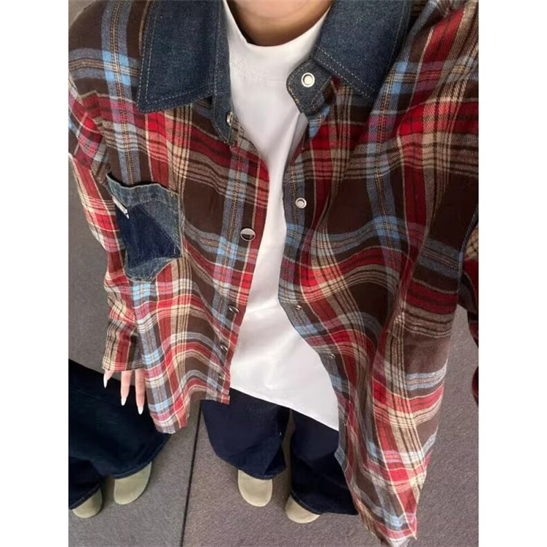 格子衬衫男美式复古百搭情侣拼接牛仔格纹长袖衬衣513-1CS2156P36,男装衬衫,星座513A