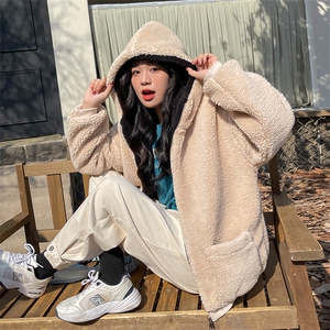 日系潮牌港风秋冬棉衣摇粒绒羊羔毛连帽夹克外套女棉服C559-P120图片