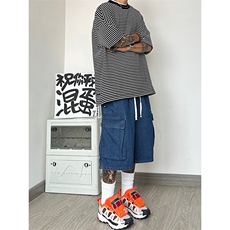 美式复古七分工装牛仔短裤日系cityboy廓形大码oversize，男装牛仔裤，星座310A-4