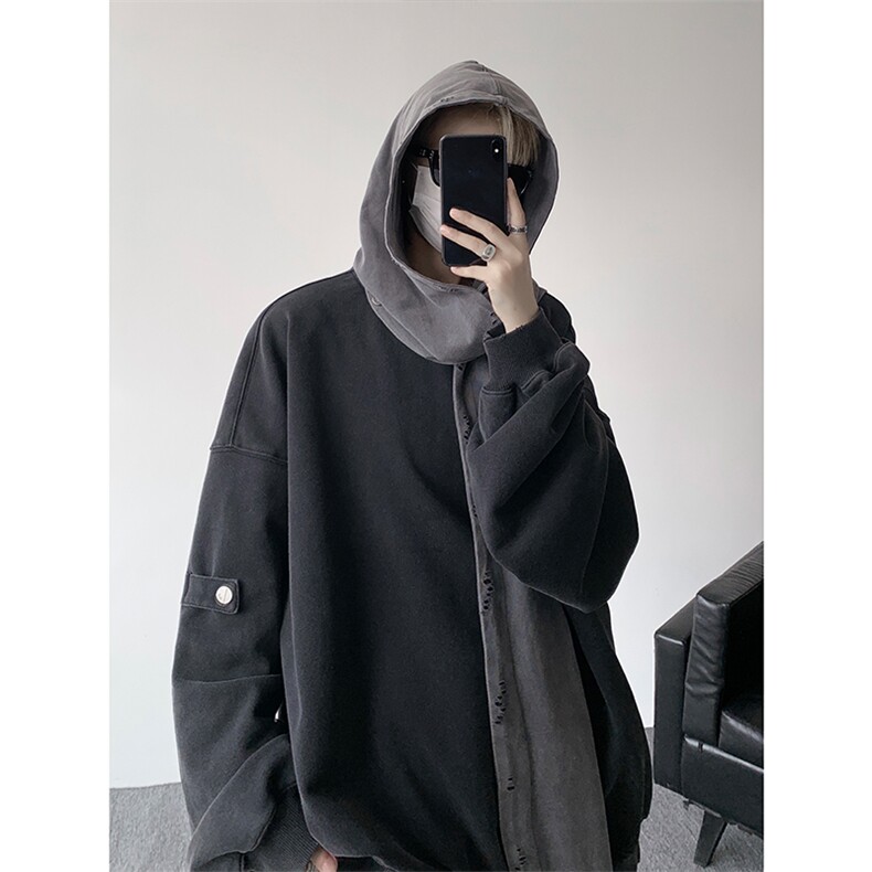 8XL-M高品质美式雕刻可拆卸破洞帽洗水深灰多穿法圆领卫衣WY28P88,男装卫衣,电商D206-1