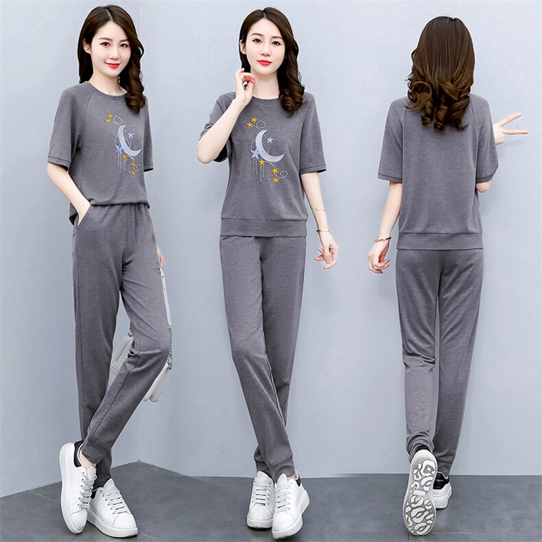宽松运动服时尚两件套女休闲透气简约年短袖夏季套装减龄大码图片
