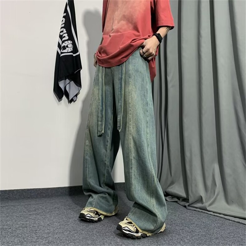 春夏ins潮宽松直筒拖地裤高街毛边牛仔裤男阔腿休闲裤 N506-P50图片