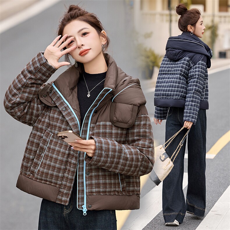 时尚格子连帽短款羽绒服女2025年冬季新款加厚保暖减龄白鸭绒外套,女装羽绒服,丽影随形