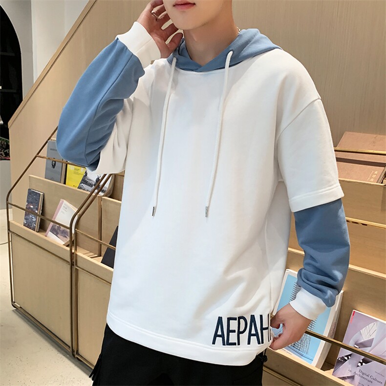 春季新款潮男个性假两件时尚卫衣青少年连帽撞色卫衣CYWY05图片