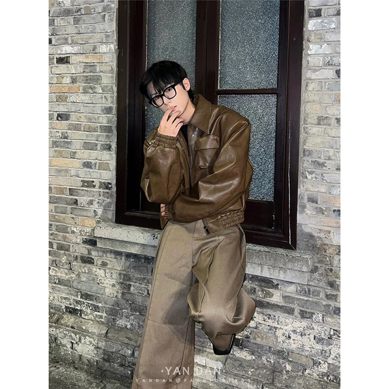3362-P81美拉德棕色多口袋机车PU皮衣夹克cleanfit高级感短款,男装夹克,电商B323A