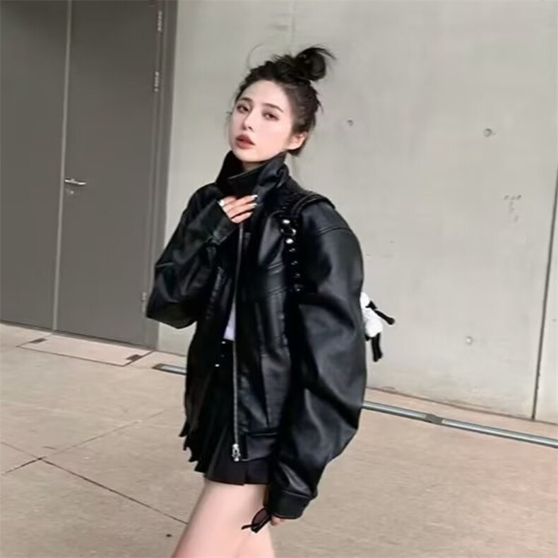 美式复古短款皮衣外套女士宽松小个子设计感机车服秋季新品皮夹克图片