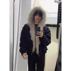 现货高品质美式高街冬季重磅硬挺短款座山雕毛领棉衣男女加厚外套图片