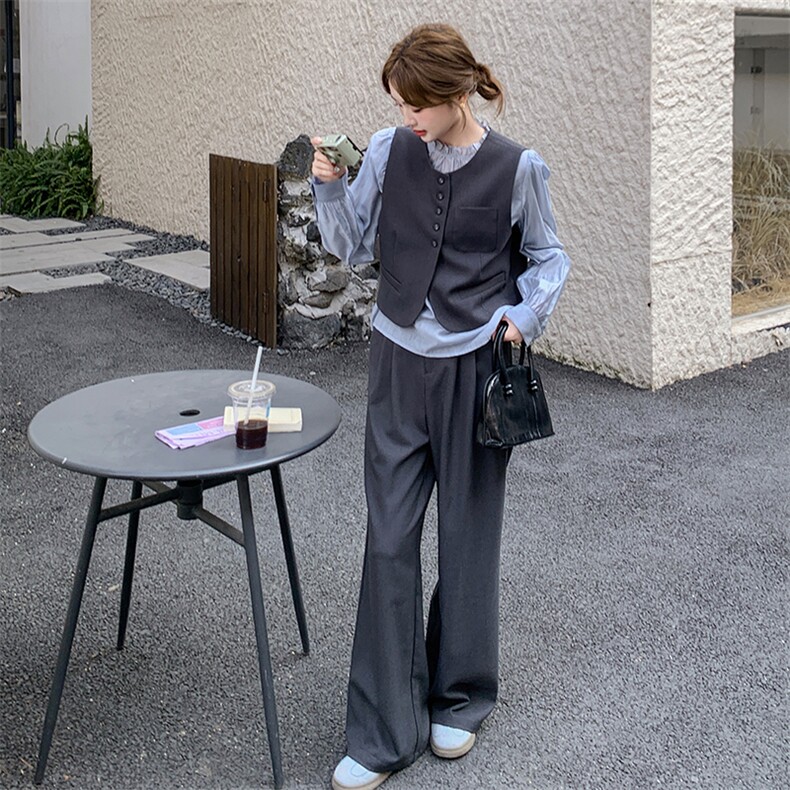 休闲气质马甲衬衫休闲裤套装女春秋巨好看三件套流行爆款超火穿搭,女装套装/套裙,2D041