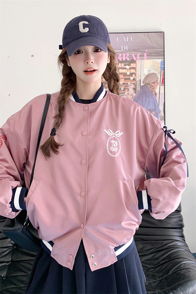 粉色蝴蝶结立领棒球服外套女2025年春秋季韩系学院风显瘦夹克上衣,女装短外套,2C198