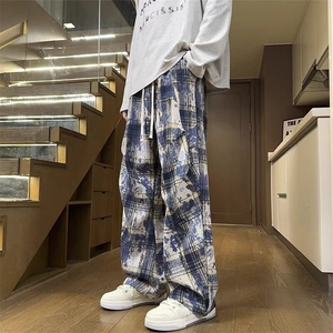 美式复古扎染格子褶皱阔腿休闲裤男春秋季款裤子直筒冰丝休闲裤