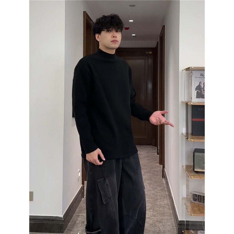 秋冬季黑色半高领打底衫男德绒保暖加厚宽松休闲T恤潮牌中领长袖,男装T恤,星座506A