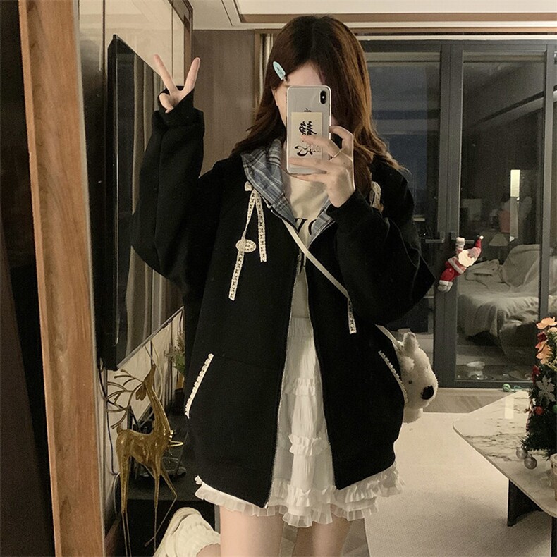 A481-P98甜美蕾丝抽绳连帽休闲时尚潮牌外套格子连帽卫衣春秋女,男装夹克,星座911