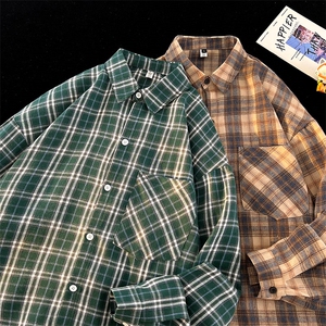 衬衫男春季新款港风宽松大码磨毛格子长袖衬衣CS550-P38,男装衬衫,星座214-3