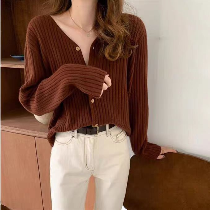 秋季新款舒适显瘦时尚百搭V领抽条针织开衫,女装羊毛衫,恒恩羊绒
