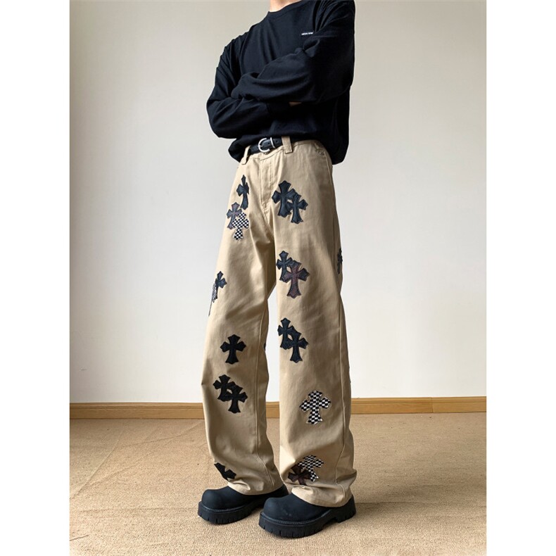 克罗风格美式高街十字贴皮男女同款宽松牛仔裤N7340-P70，男装皮裤，星座308B-2