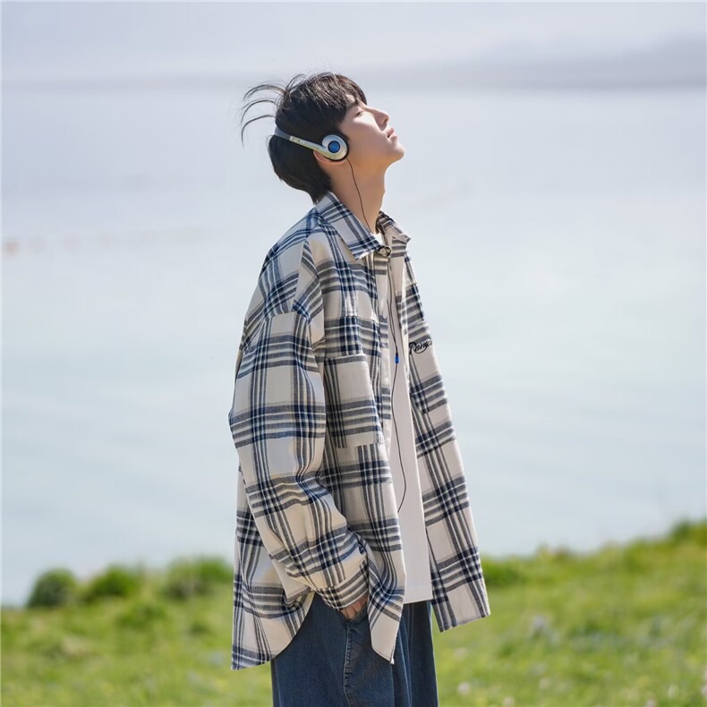 7002-P38春秋季日系少年感格子长袖衬衫,男装衬衫,电商B323A