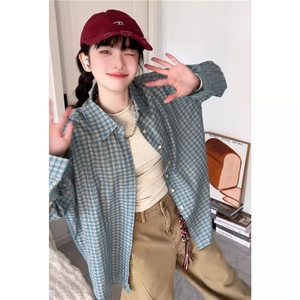 TC767-P45蓝色格子衬衫上衣女2026新款夏季薄款慵懒风图片