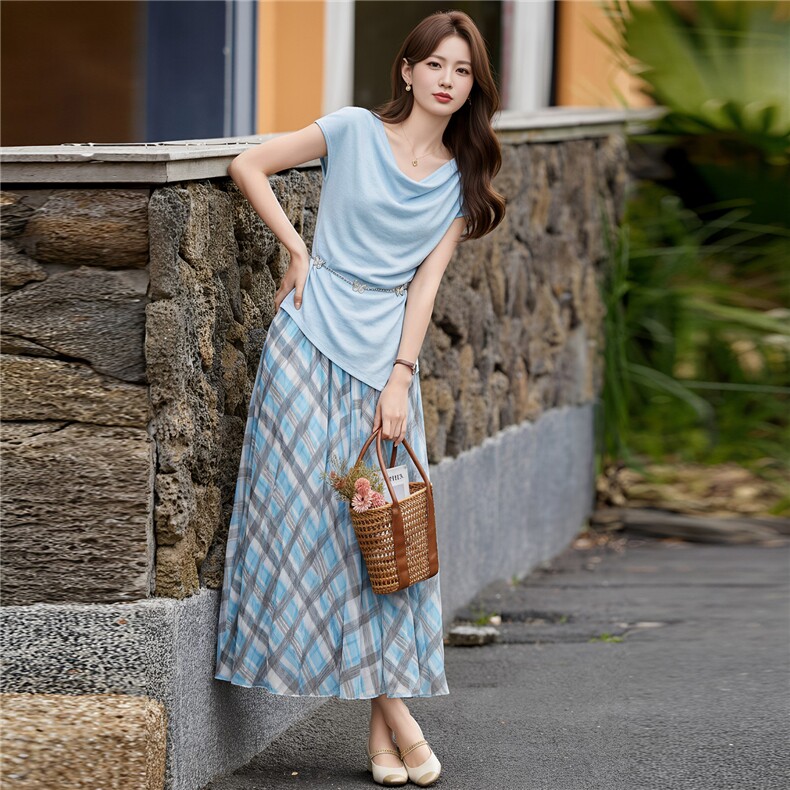 2026新款夏优雅温柔风短袖上衣格纹半身裙两件套洋气时尚修身套装，商品下架区商品下架区，姿萝菲
