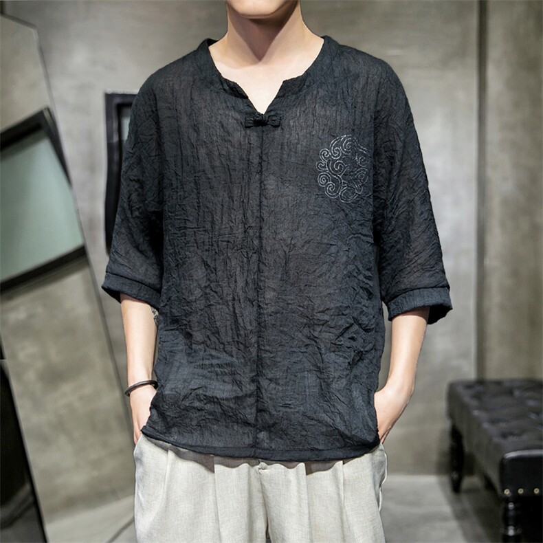 606P30室内风2024春夏装新款百搭时尚V领盘扣仿亚麻七分袖T恤,男装T恤,电商A026