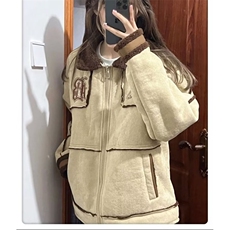 美式复古麂皮绒刺绣翻领羊羔毛绒外套女秋冬季设计感小众加厚棉服，男装夹克，星座1210-1