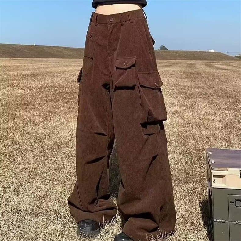 美式复古重工多口袋美拉德棕色工装裤子女2025夏辣妹弯刀拖地长裤图片