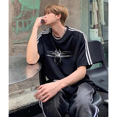 抖音得物高品质二开240克宽松纯棉美式潮牌三条杠织带短袖T恤，男装T恤，电商A486-1