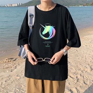 YT26138-P30亚麻短袖t恤男大码五分袖男宽松七分袖港风模特