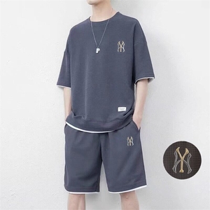 网图7538-P55男夏季短袖短裤家居服薄款宽松休闲华夫格运动套装图片