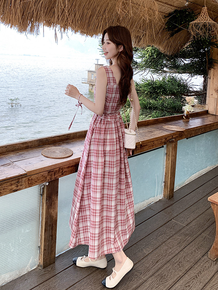 粉色格子超好看绝美连衣裙女2025夏季新款韩版温柔收腰无袖A字裙,女装连衣裙,浙宝276（原081）