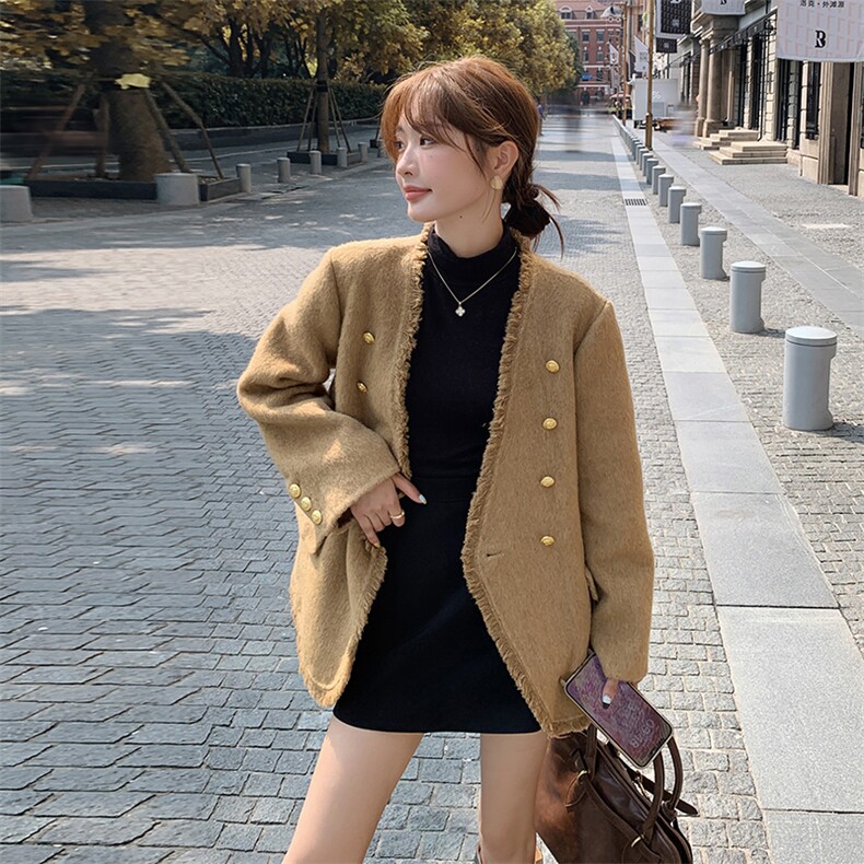 小香风流苏毛边双面呢大衣女2025秋冬季新款高端气质羊毛西装外套,女装毛呢外套,丝露怡语
