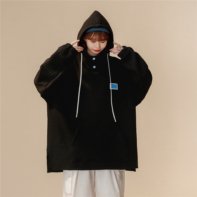 中性23春季设计感ins时尚潮流华夫格宽松纽扣连帽卫衣B402P75控98图片