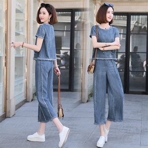 夏装女2025款韩版时尚休闲牛仔套装洋气两件套高腰坠感天丝阔腿裤图片