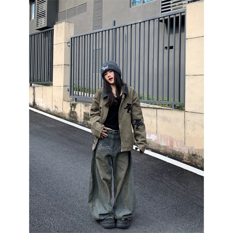 网图有货美式巴恩风卡通小熊刺绣工装外套皮领夹克男女A953-P68,男装夹克,星座1505