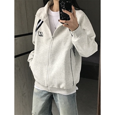 ！白花灰美式运动条纹拼接开衫重磅卫衣外套，女装短外套，星座617C