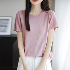 夏季新款桑蚕丝针织短袖T恤女莱赛尔天丝纯色上衣宽松打底衫半袖，女装针织衫/毛衣，朝思羊绒