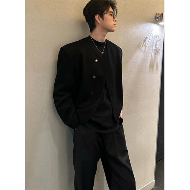 高级感小香风男士外套无领黑色垫肩西装男短款夹克酷帅 JXZ07图片