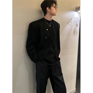 高级感小香风男士外套无领黑色垫肩西装男短款夹克酷帅 JXZ07图片