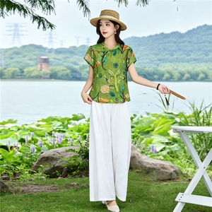 现货！夏季套装2026新款松弛感新中式盘扣上衣服女两件套端庄大气图片